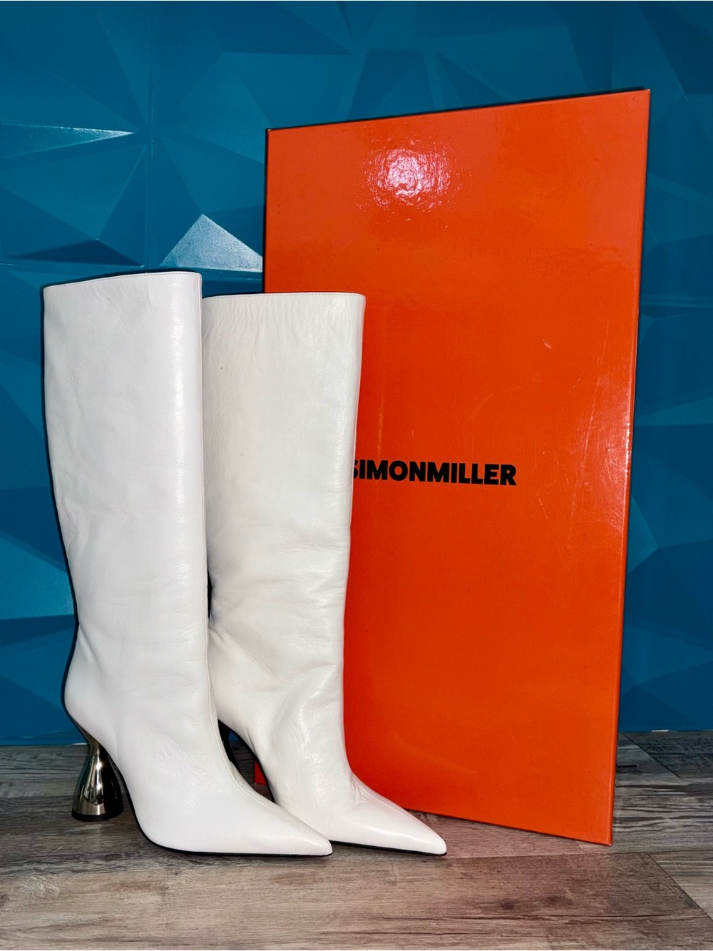 Simon Miller White Leather Pointed-Toe Boots with Metallic Heel